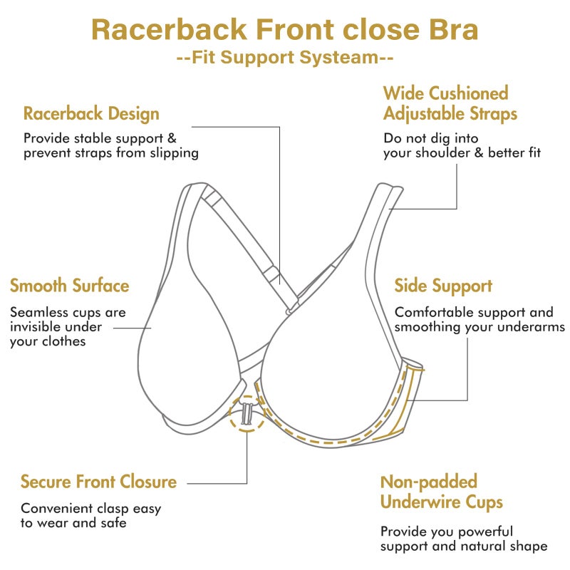 DELIMIRA Women's Front Closure Racerback Bras Plus Size Full Coverage Supportive Underwire Plunge Unlined Bra Beige 38B - Image 4